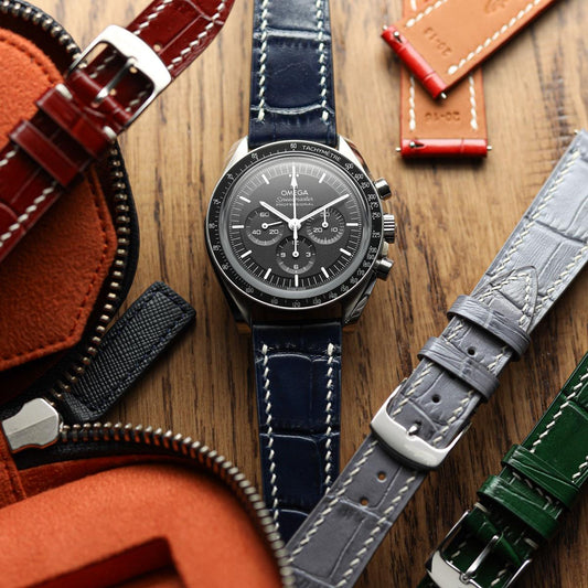 Arnem Handgefertigter Kalbsleder-Uhrenarmband mit Alligator-Design in Navy Blau