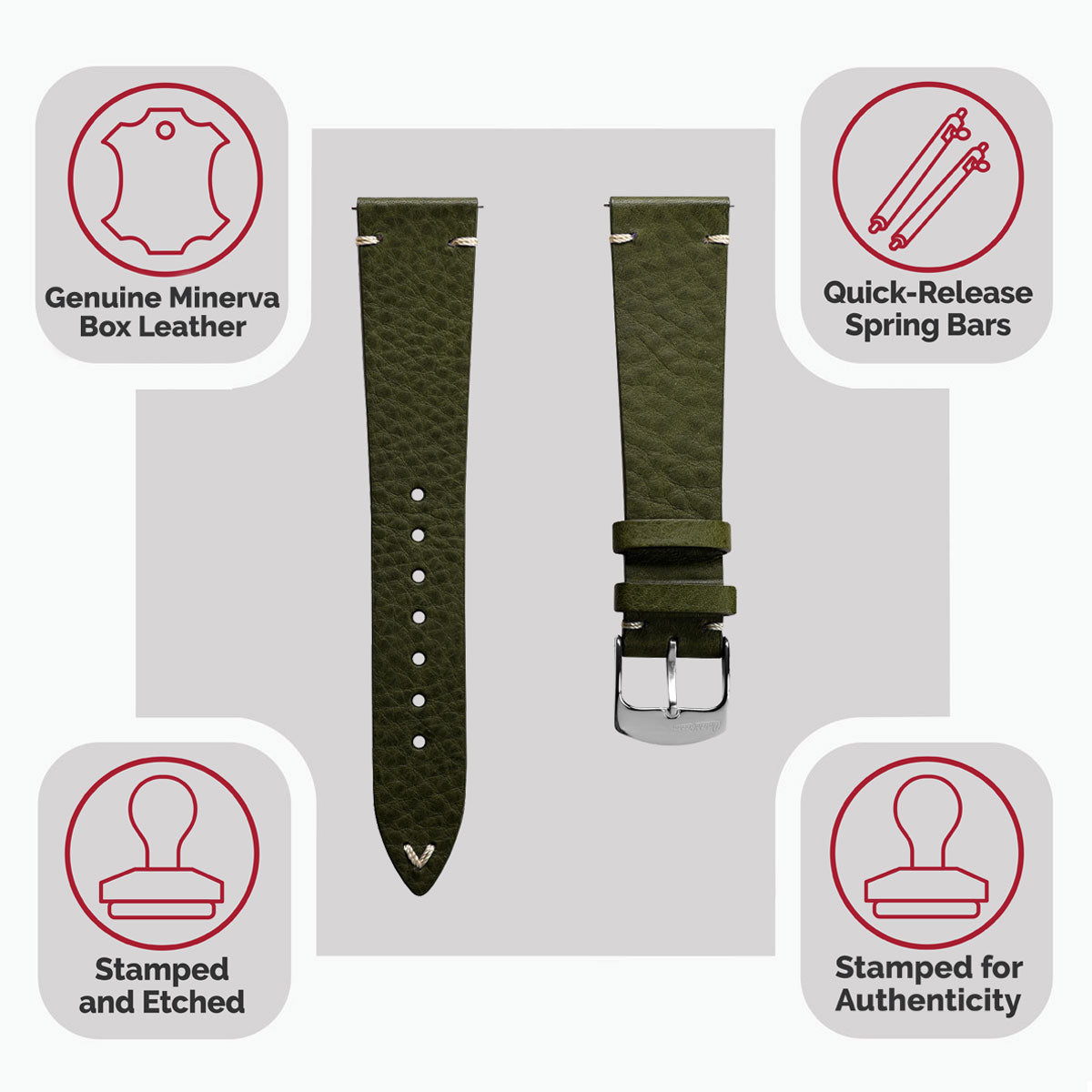Badalassi Carlo Minerva Box Genuine Leather Watch Strap - Olive Green