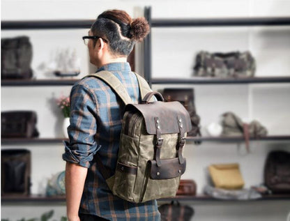 Waxed Canvas & Leather Backpack Green Brown Grey