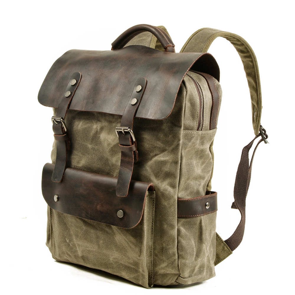 Waxed Canvas & Leather Backpack Green Brown Grey