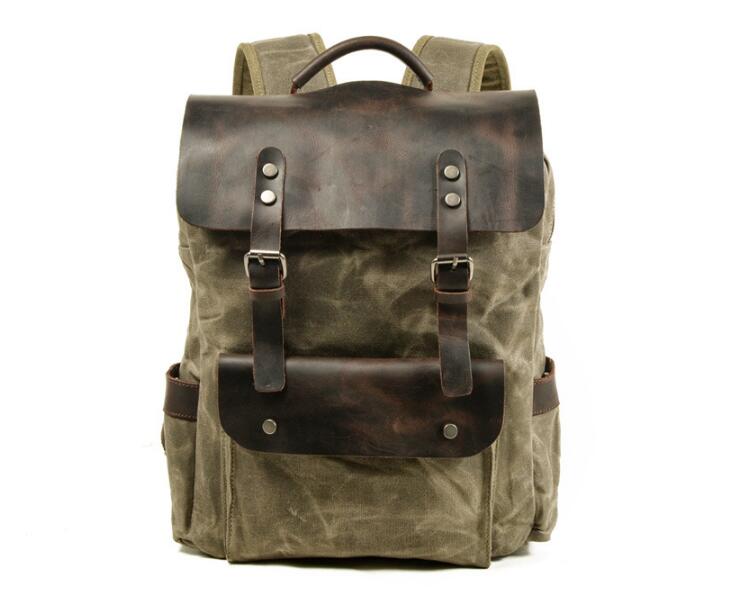 Waxed Canvas & Leather Backpack Green Brown Grey