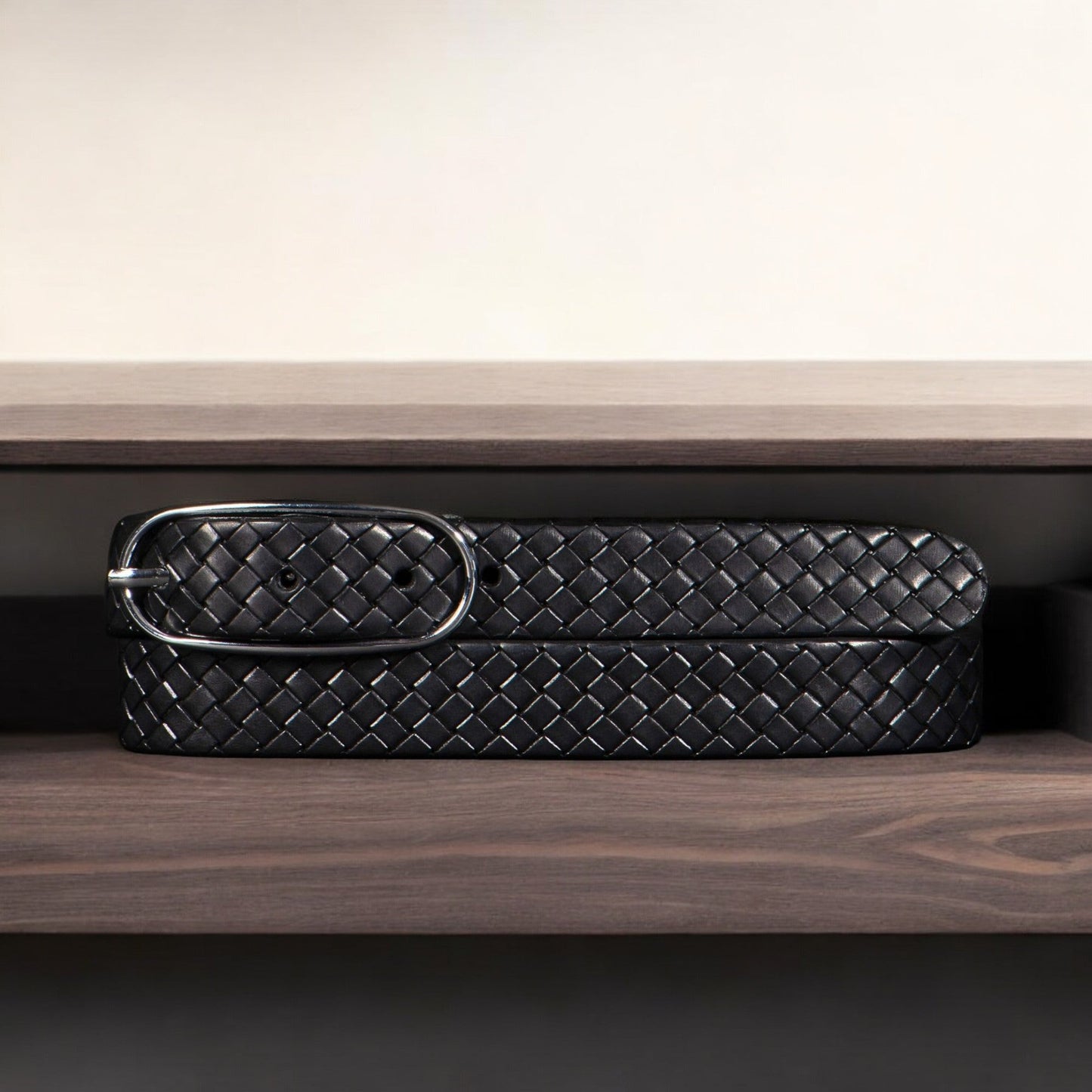 Aika - Black Braided Embossed Leather Belt with Oval Buckle - Made in Canada