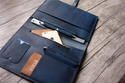 Zippered Leather Portfolio Distressed Blue