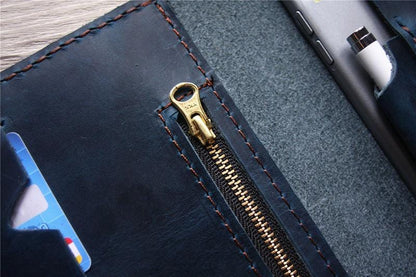 Zippered Leather Portfolio Distressed Blue