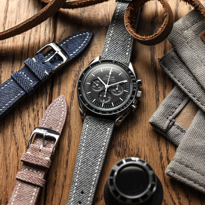 Arbour Hand-Stitched Denim and Genuine Leather Watch Strap - Elegant Navy Blue Style