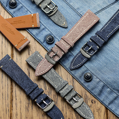 Arbour Hand-Stitched Denim and Genuine Leather Watch Strap - Elegant Navy Blue Style
