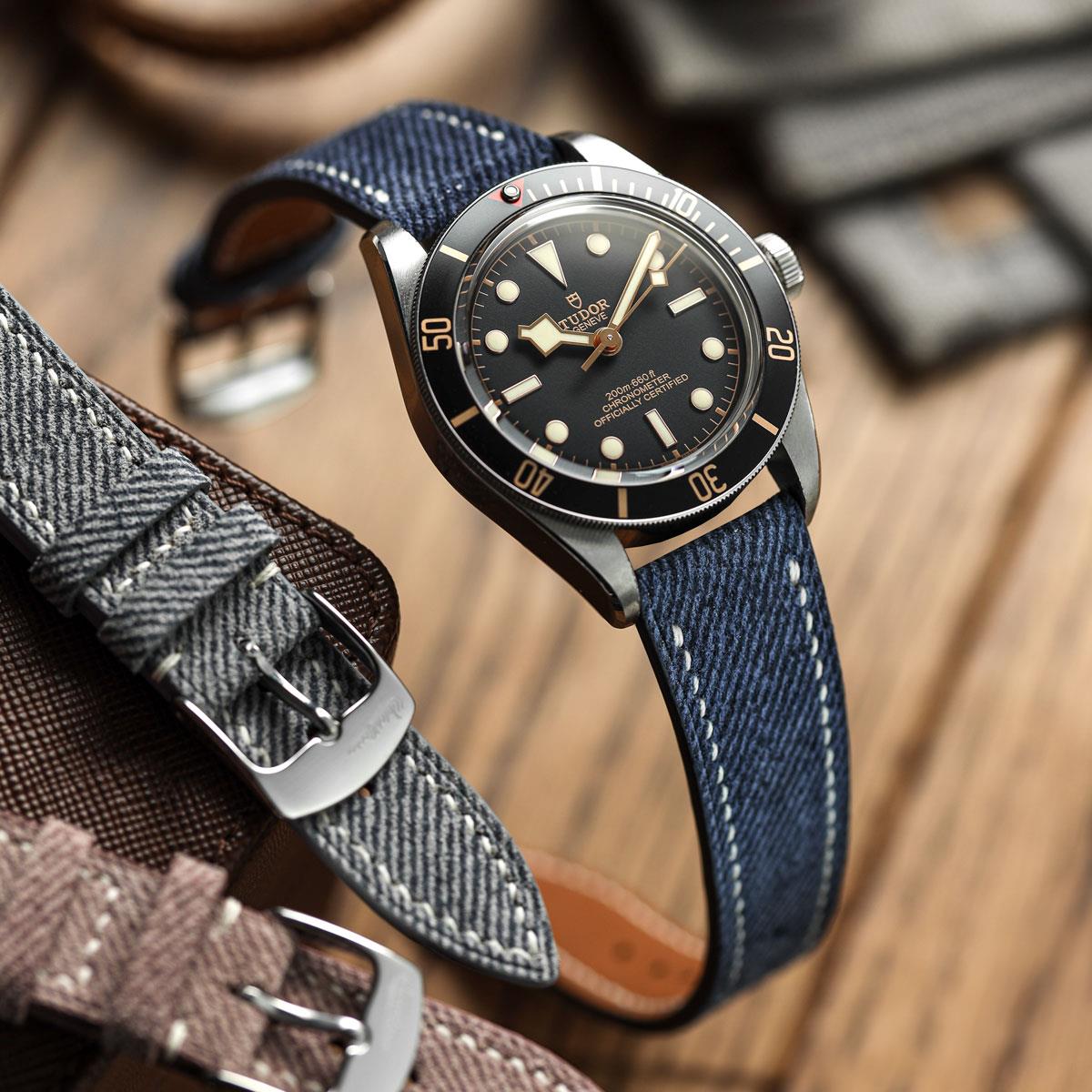 Arbour Hand-Stitched Denim and Genuine Leather Watch Strap - Elegant Navy Blue Style