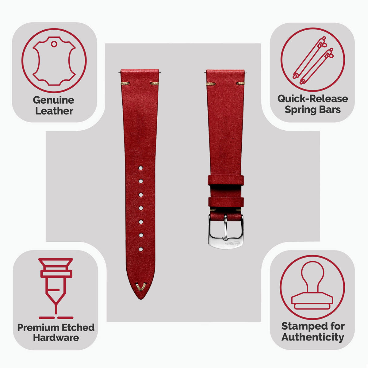 Badalassi Carlo Pueblo V-Stitch Genuine Italian Leather Watch Strap - Bright Red