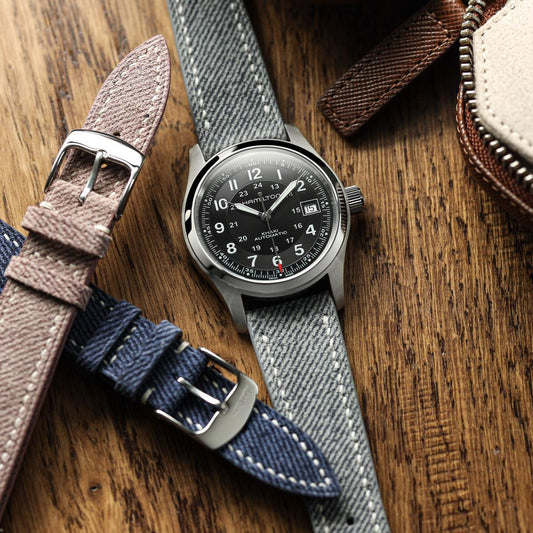 Arbour Hand-Stitched Denim & Genuine Leather Watch Strap – Elegant Grey Design