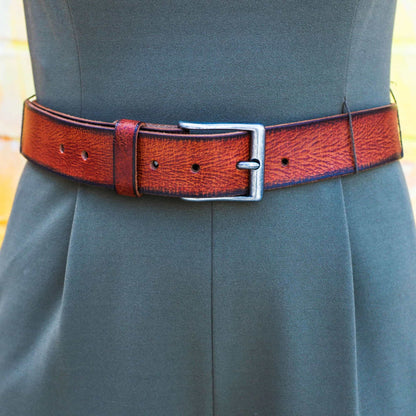 The Volcano Belt - Red Women's Leather Belt with Charred Edges